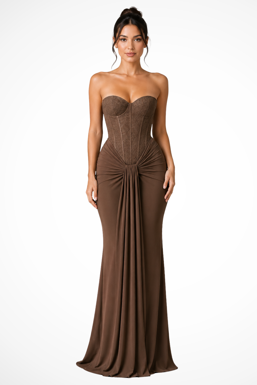 Strapless Lace Corset Maxi Dress with Draped Detail in Brown