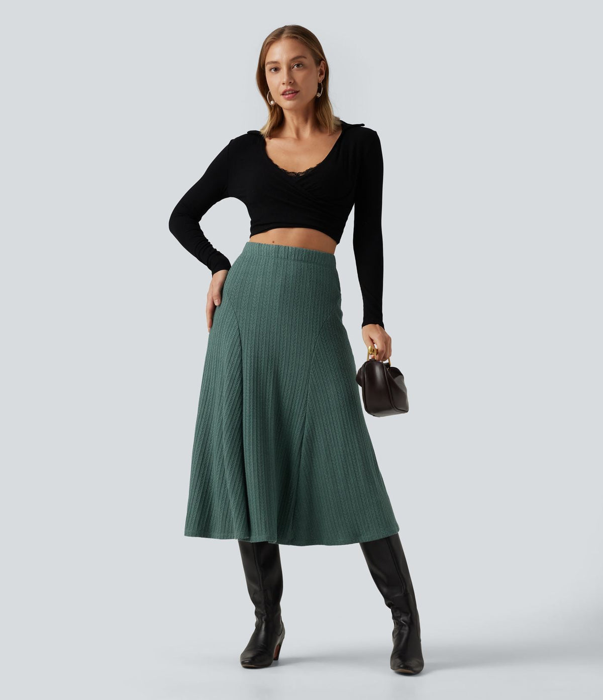 Cable Knit High Waisted A Line Party Midi Skirt
