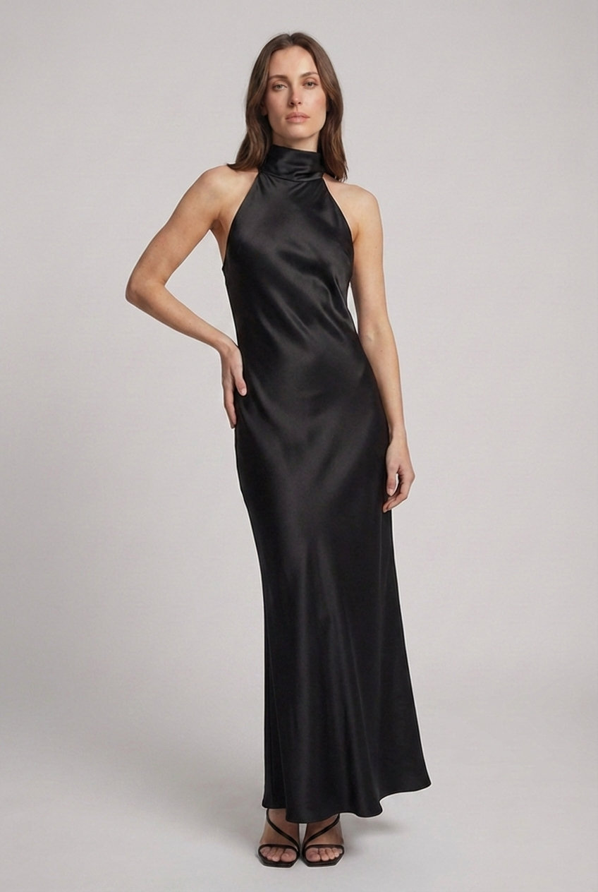 Halterneck Satin Maxi Dress with Tie Detail for Winter Weddings in Black