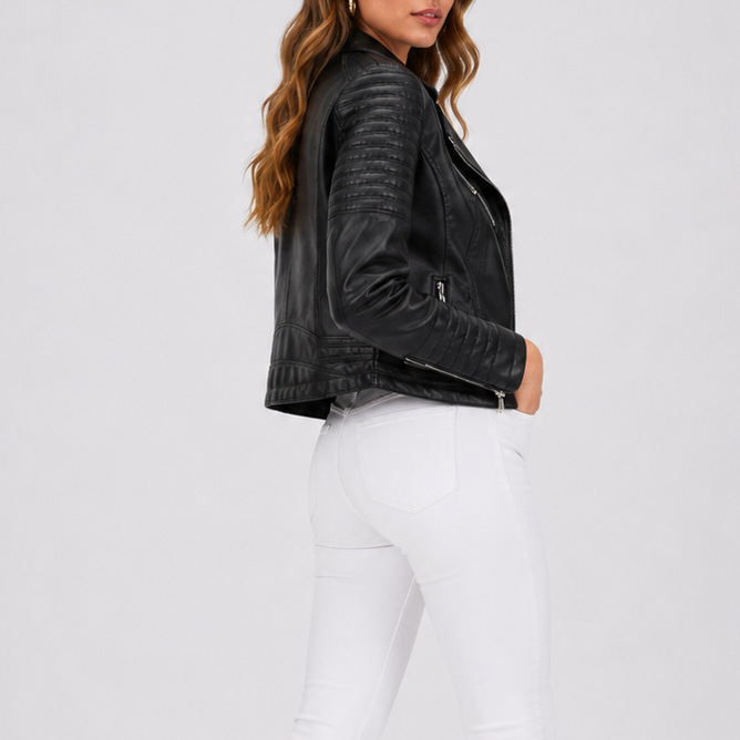 Black Leather Biker Jacket with Asymmetric Zip Closure 3