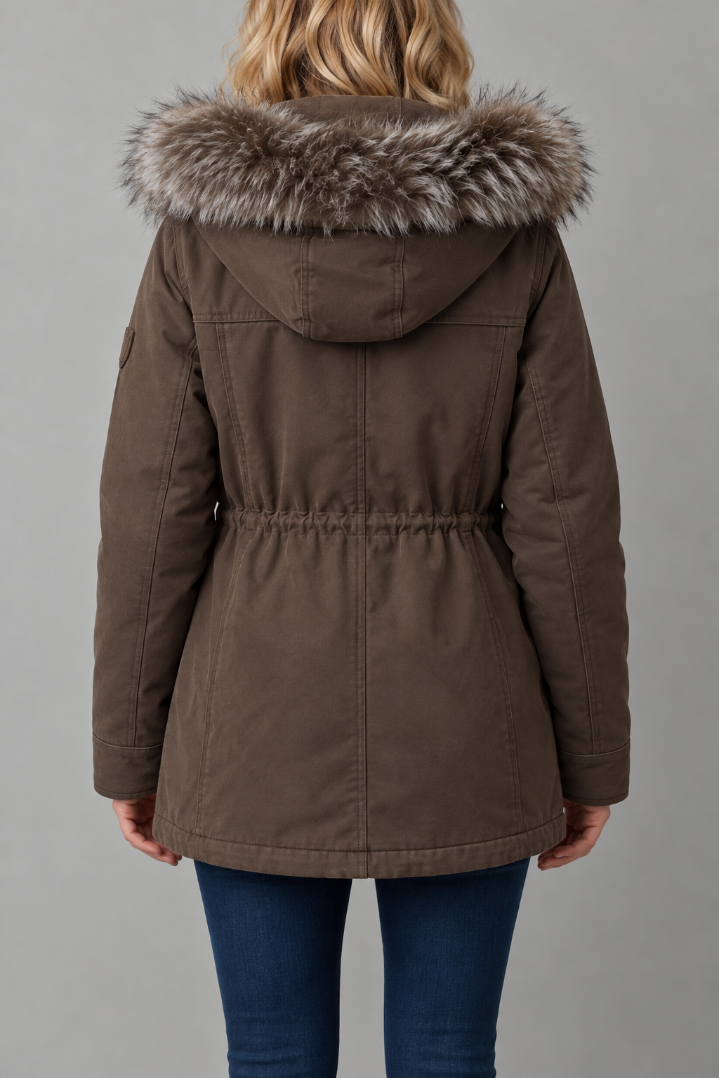 Brown Hooded Parka with Fur Trim Sherpa Hood 3
