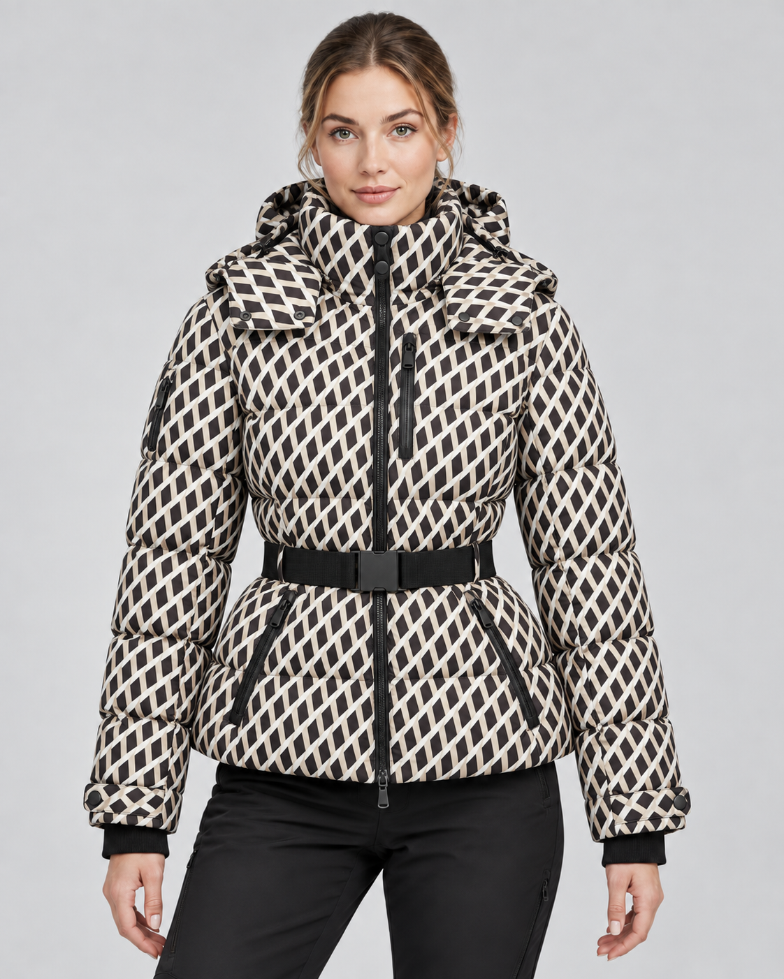 Ladies Puffer Jacket — Hooded, Belted, High Collar 15