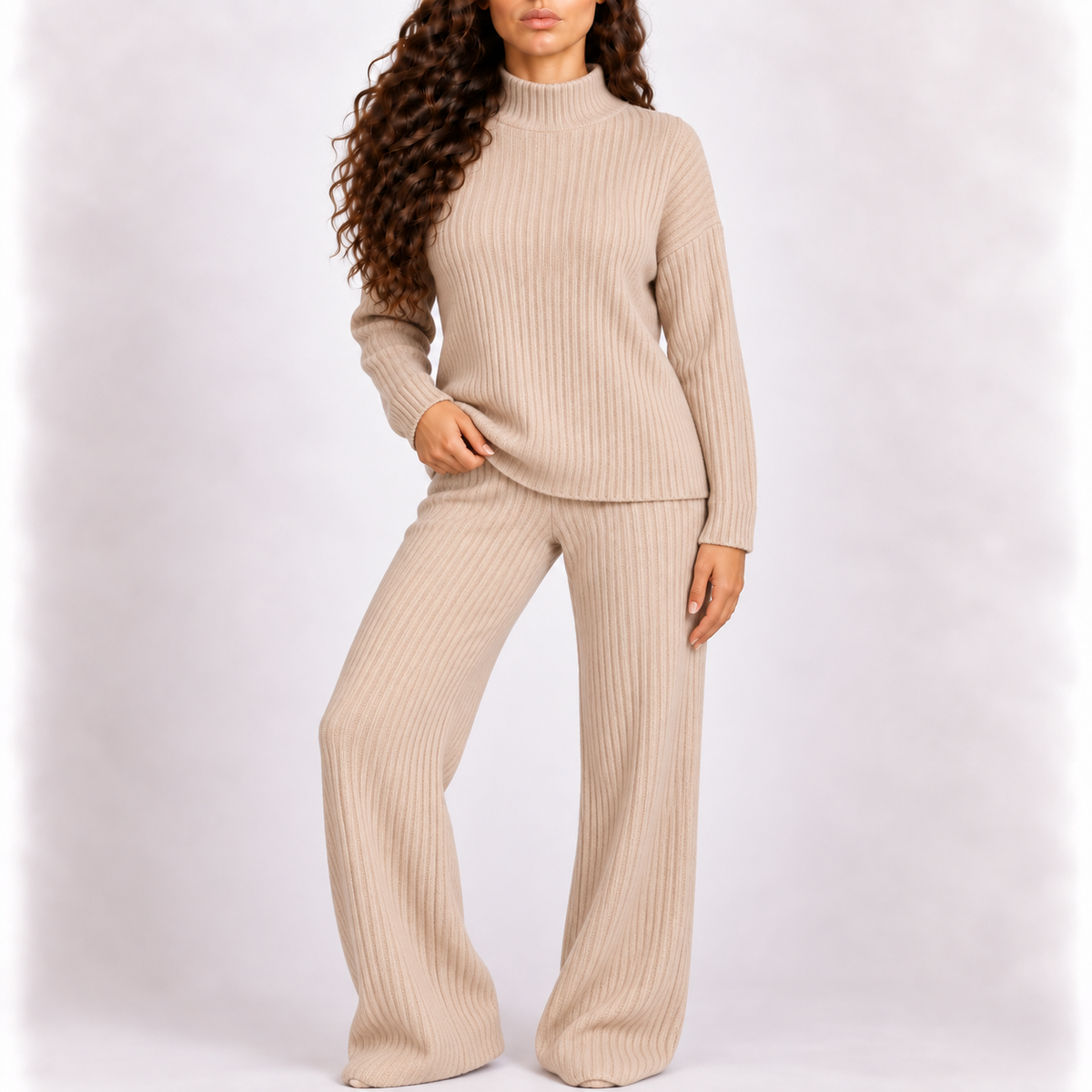 Ribbed Knit Co-ord Set — Funnel Neck & Wide Leg Trousers 3