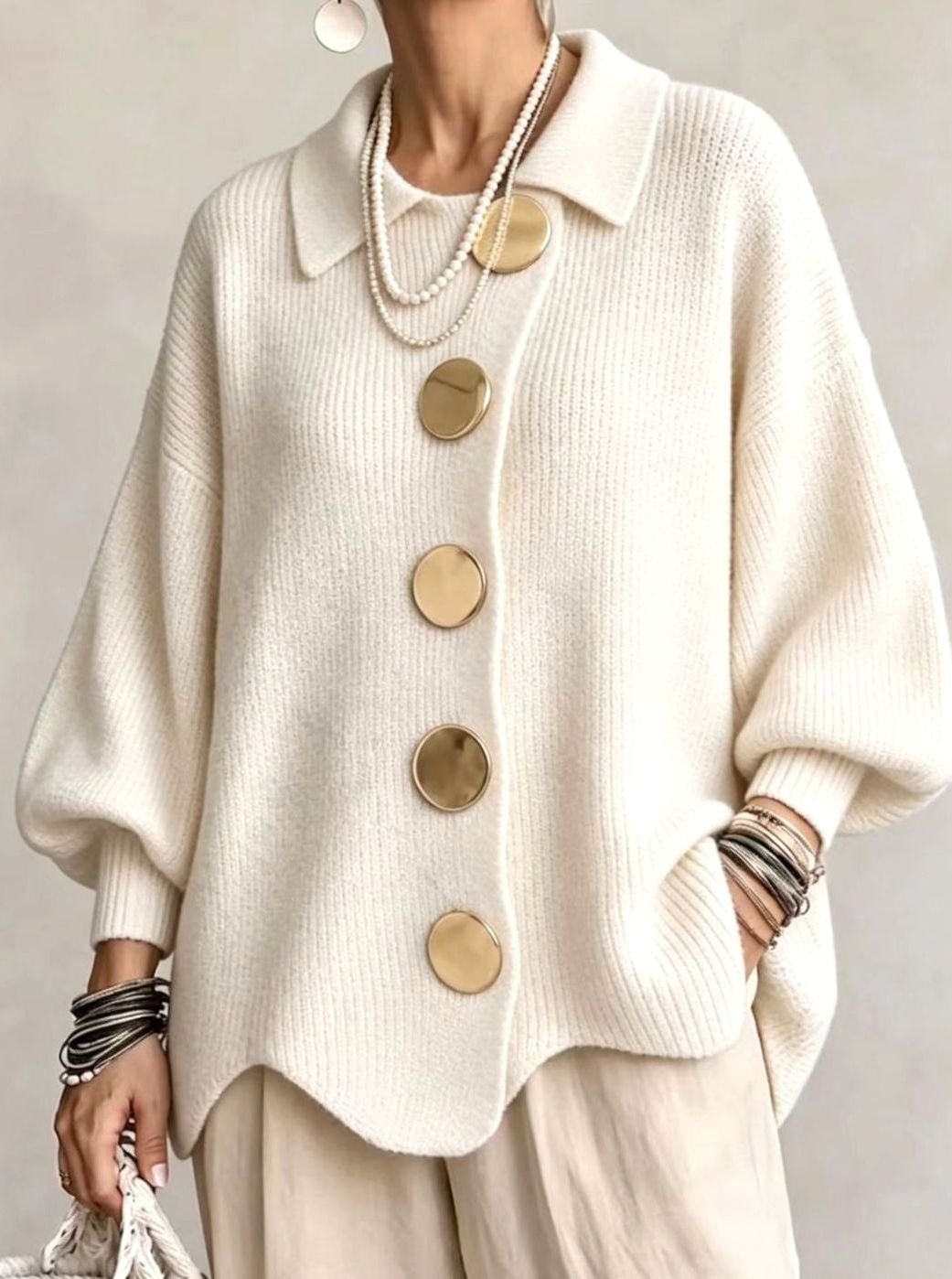 Women's Oversized Knit Cardigan with Gold Buttons 11
