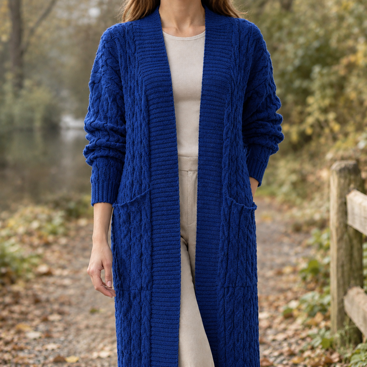 Womens Cable Knit Longline Cardigan — Open Front, Ankle Length 7
