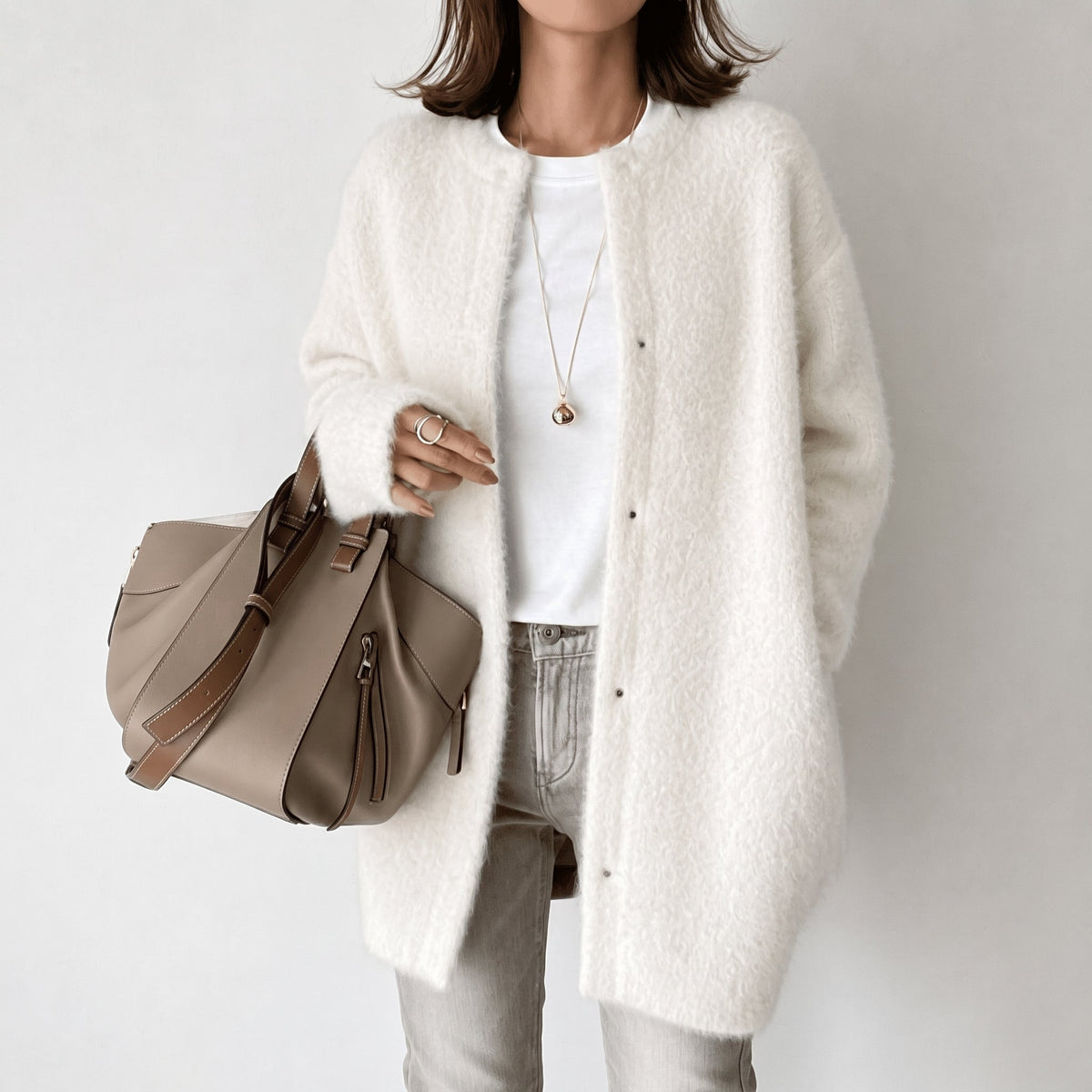 Womens Longline Snap-Button Cardigan — Round Neck 6
