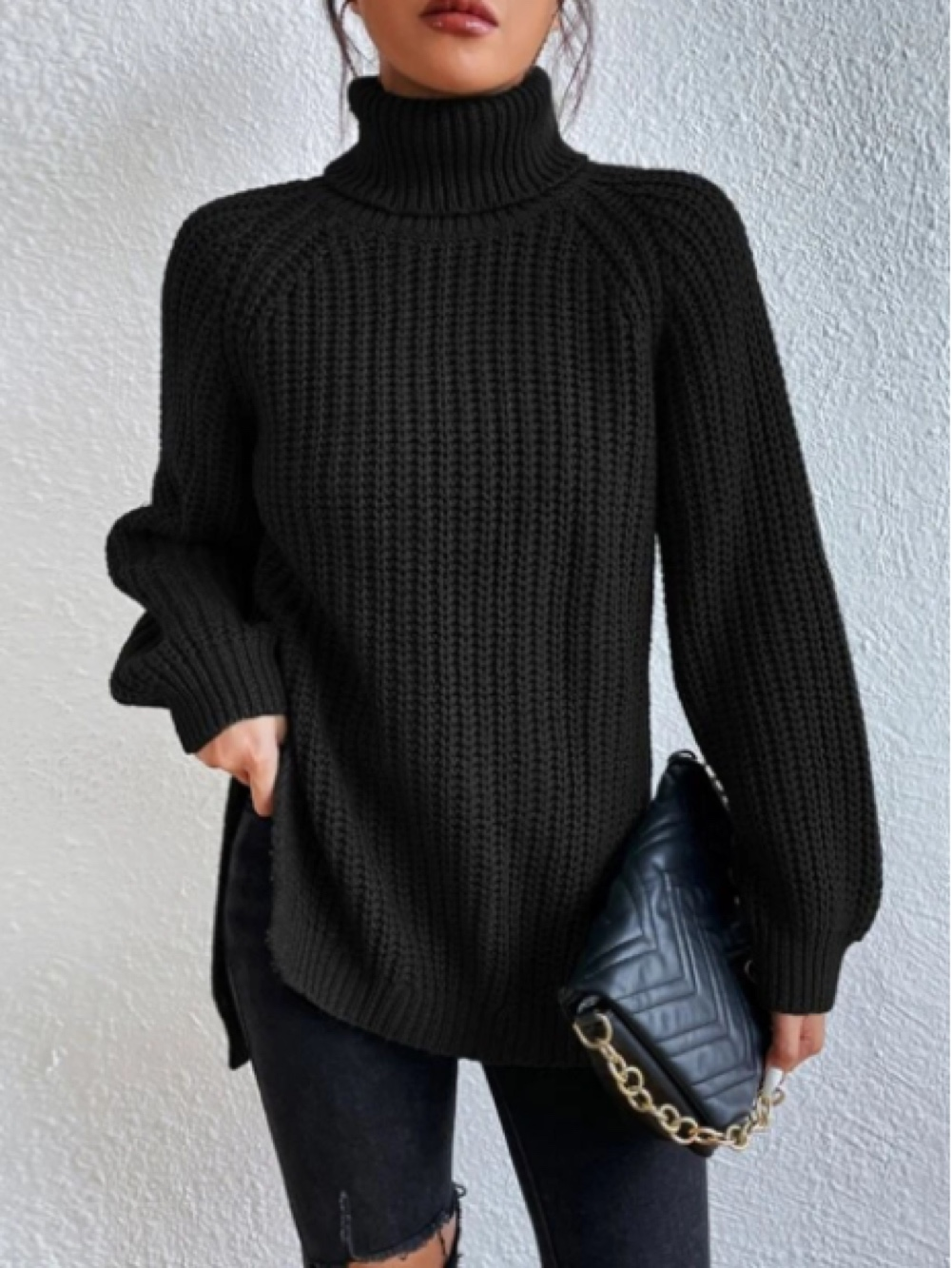 Women's Chunky Knit Roll Neck Jumper in Black
