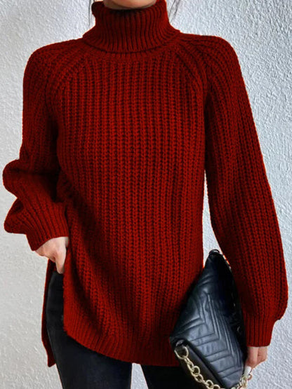 Women's Chunky Knit Roll Neck Jumper in Bordeaux Red