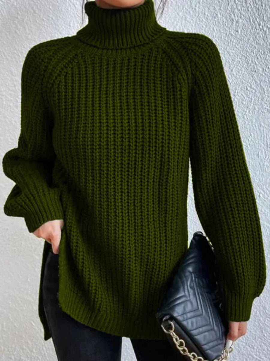 Women's Chunky Knit Roll Neck Jumper in Dark Green