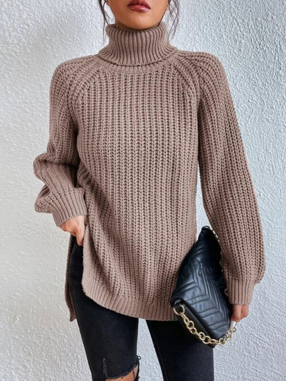 Women's Chunky Knit Roll Neck Jumper in Khaki