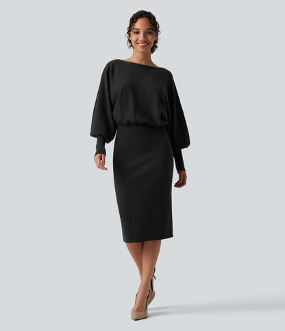 Boat Neck Puff Long Sleeve Work Sweater Dress