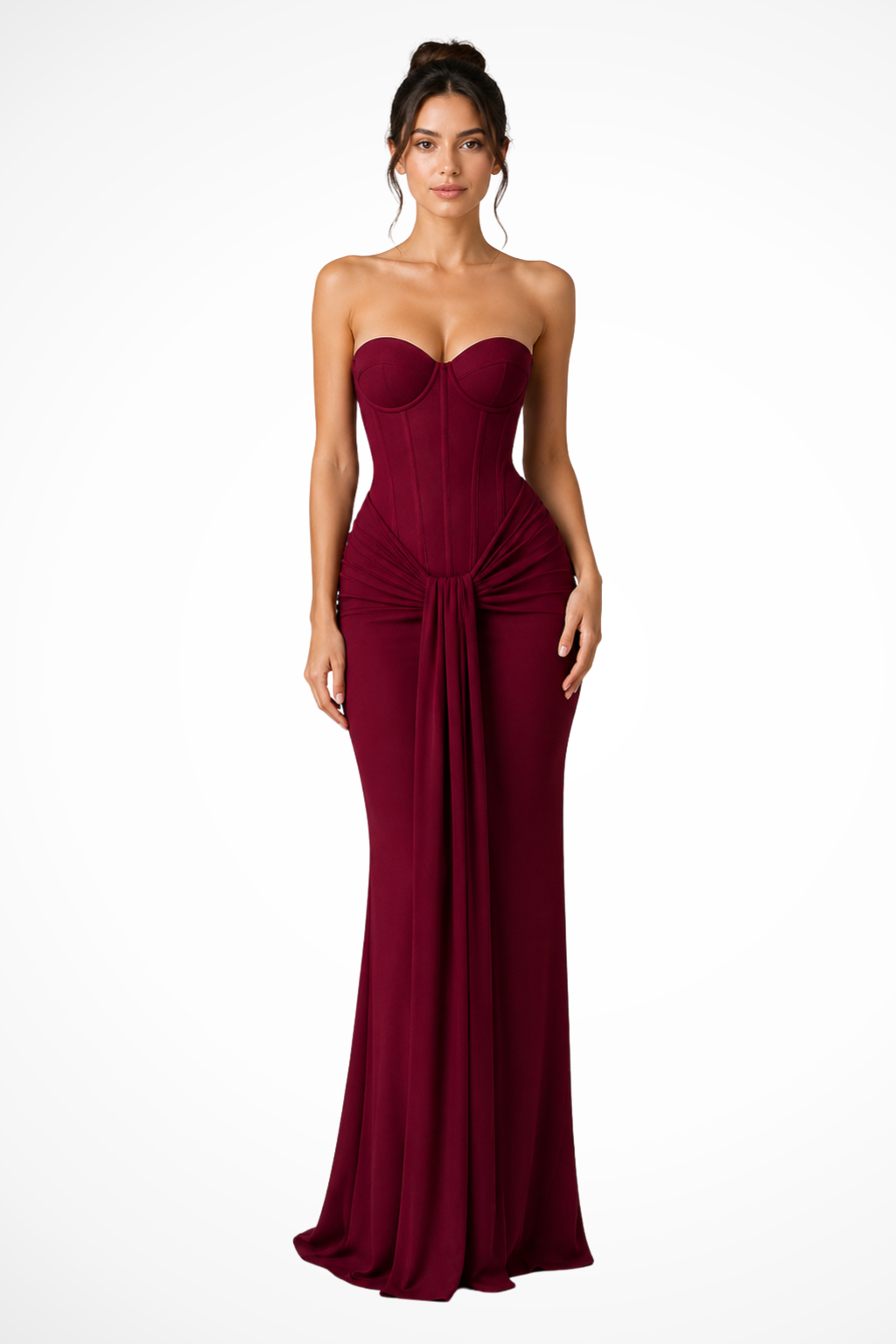 Strapless Lace Corset Maxi Dress with Draped Detail in Burgundy