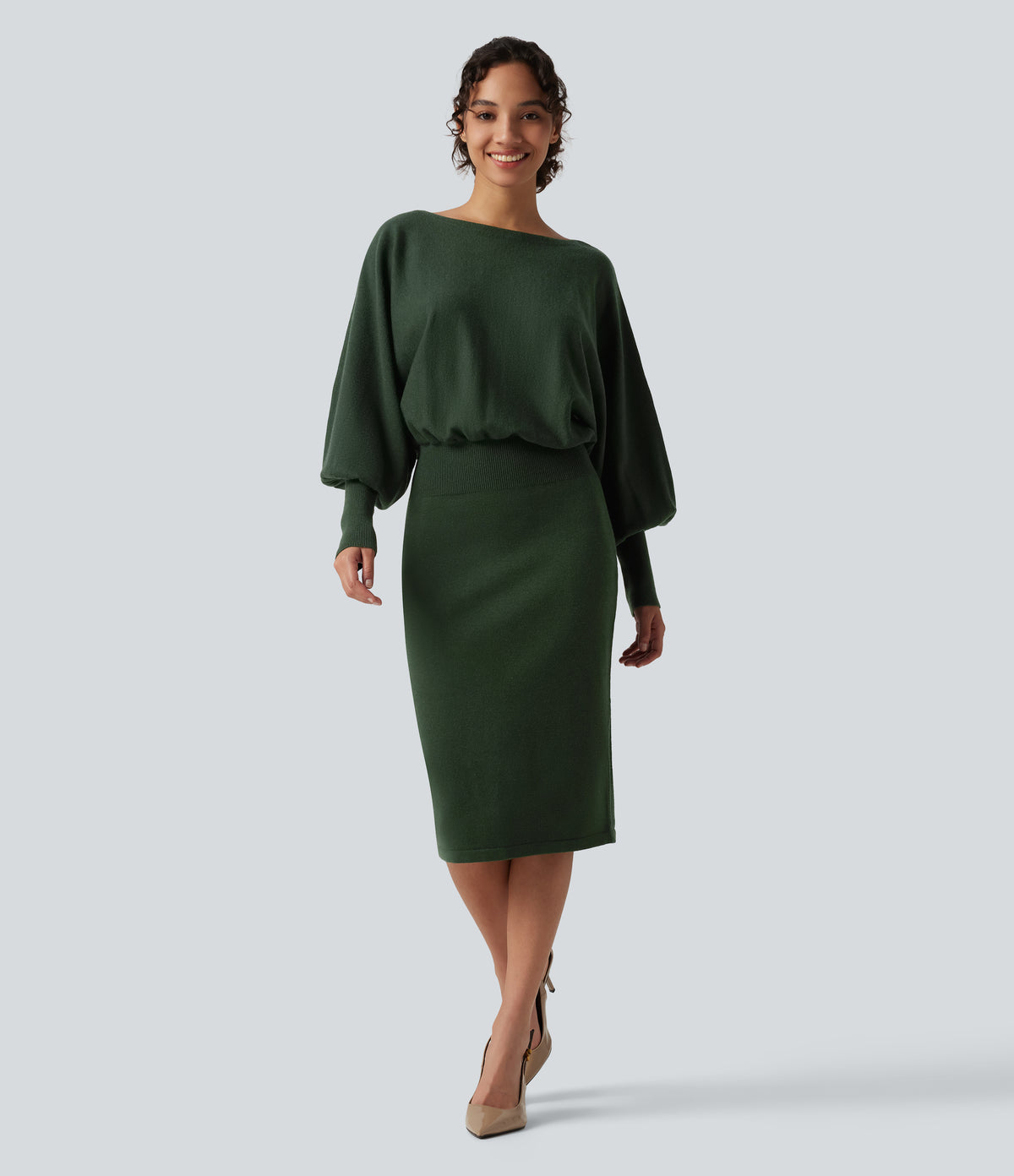 Boat Neck Puff Long Sleeve Work Sweater Dress