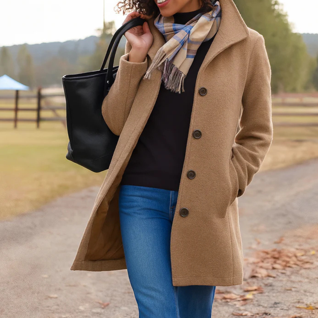 Women's Mid-Length Wool-Feel Coat with High Collar in Khaki
