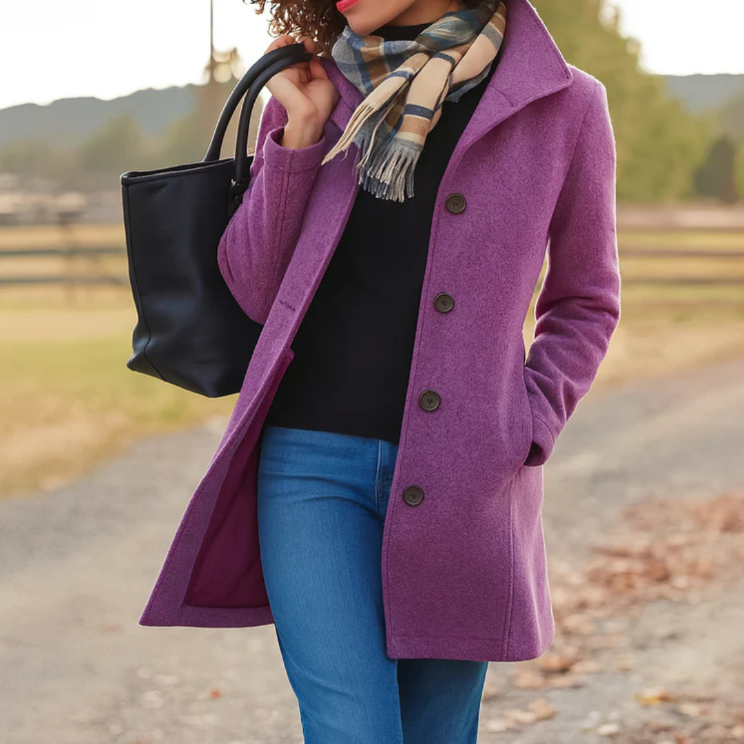 Women's Mid-Length Wool-Feel Coat with High Collar in Purple