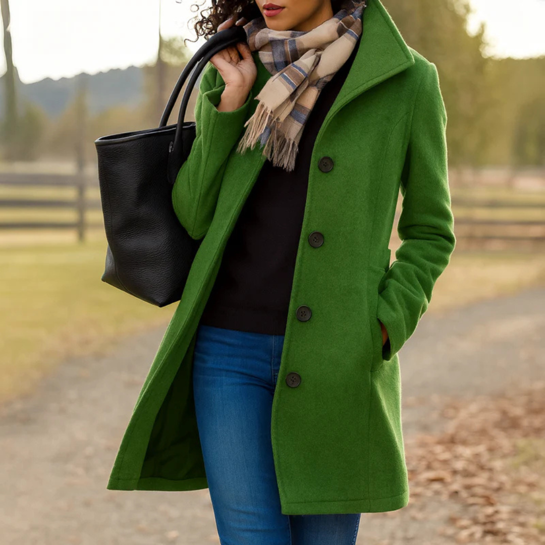 Women's Mid-Length Wool-Feel Coat with High Collar in Dark Green