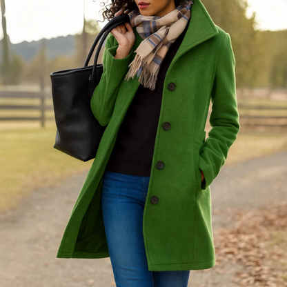 Women's Mid-Length Wool-Feel Coat with High Collar in Dark Green