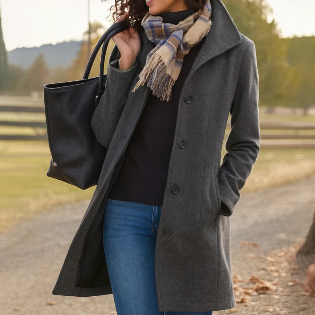Women's Mid-Length Wool-Feel Coat with High Collar in Gray