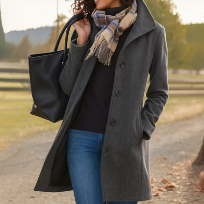 Women's Mid-Length Wool-Feel Coat with High Collar in Gray