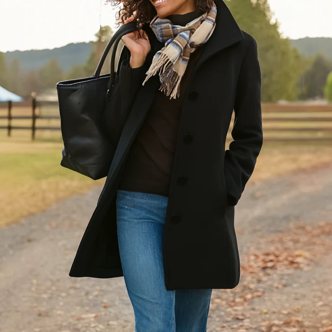 Women's Mid-Length Wool-Feel Coat with High Collar in Black