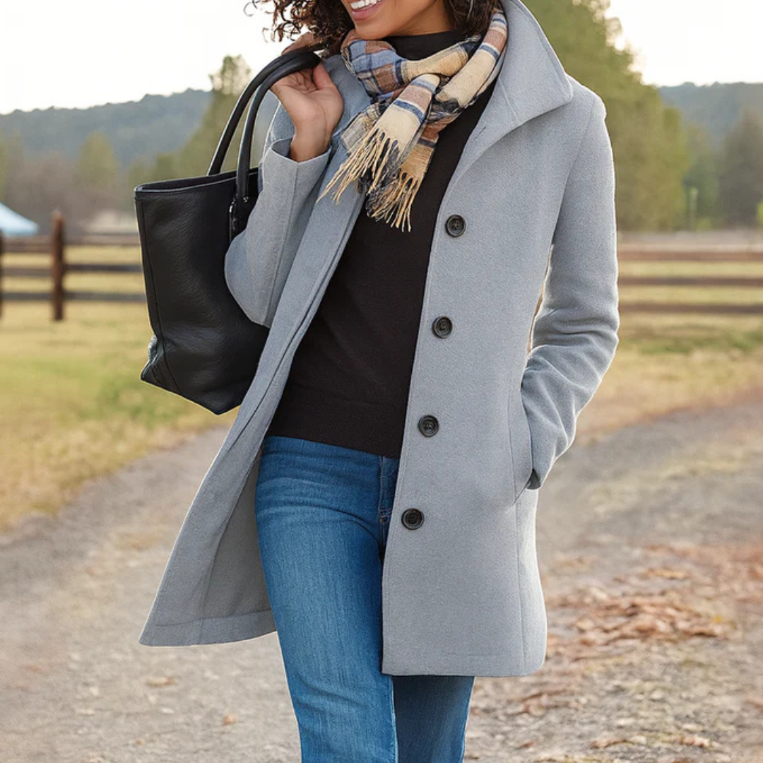 Women's Mid-Length Wool-Feel Coat with High Collar in Light Gray