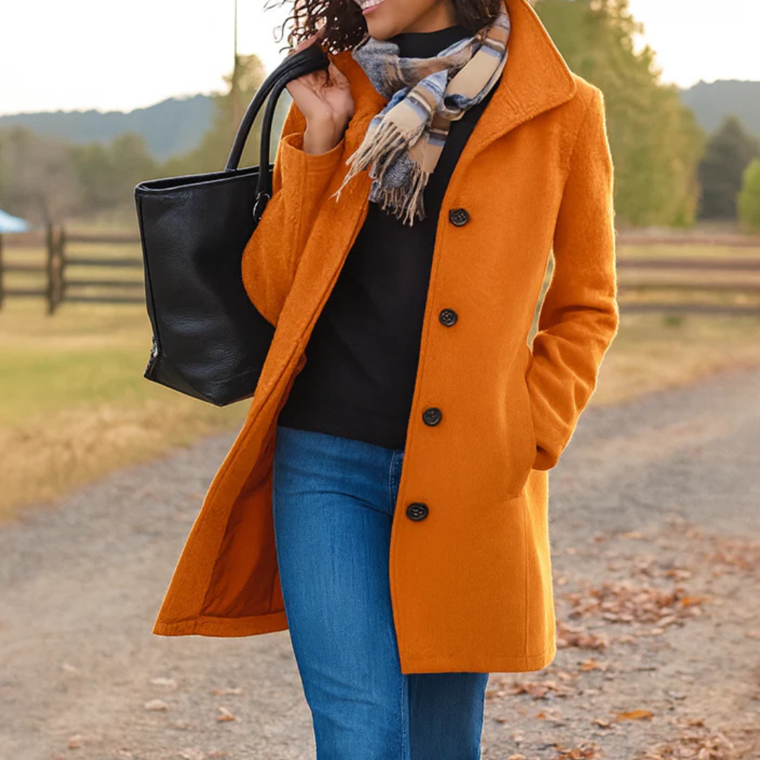 Women's Mid-Length Wool-Feel Coat with High Collar in Orange
