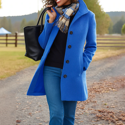 Women's Mid-Length Wool-Feel Coat with High Collar in Blue