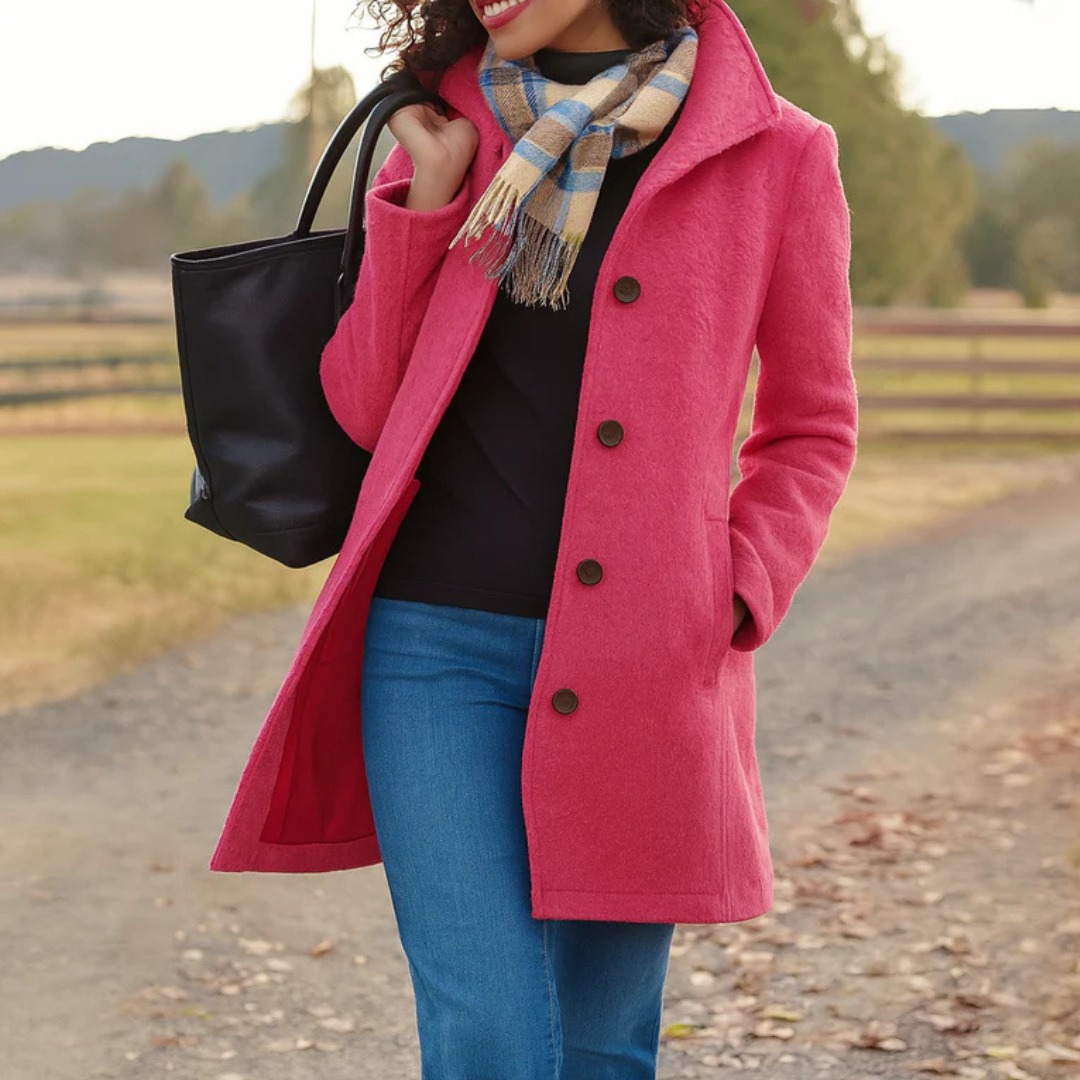 Women's Mid-Length Wool-Feel Coat with High Collar in Pink
