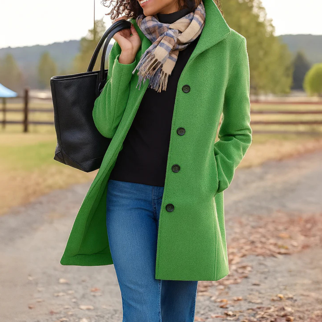 Women's Mid-Length Wool-Feel Coat with High Collar in Green