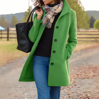 Women's Mid-Length Wool-Feel Coat with High Collar in Green