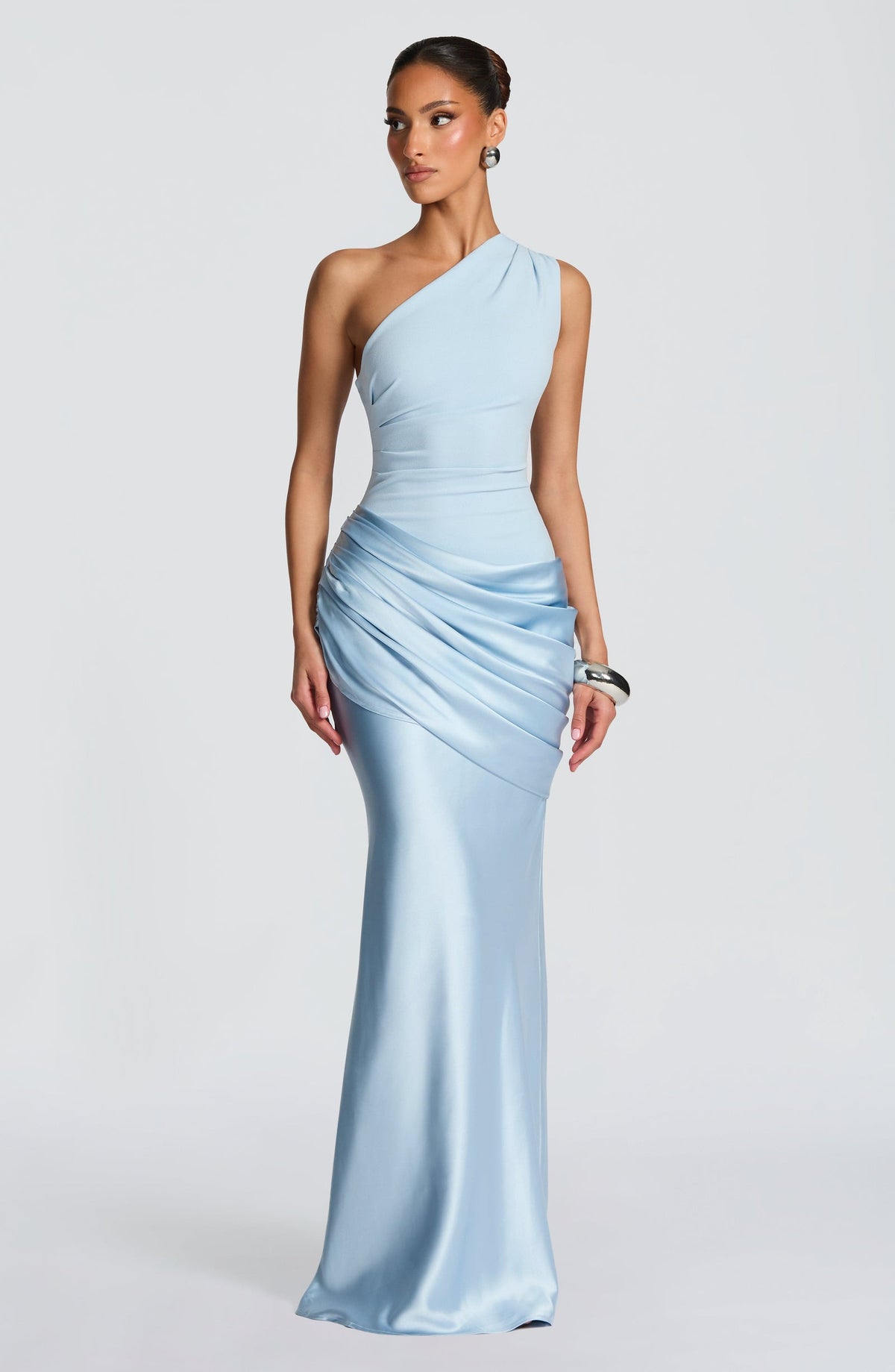 One Shoulder Ruched Maxi Dress with Satin Skirt in Blue