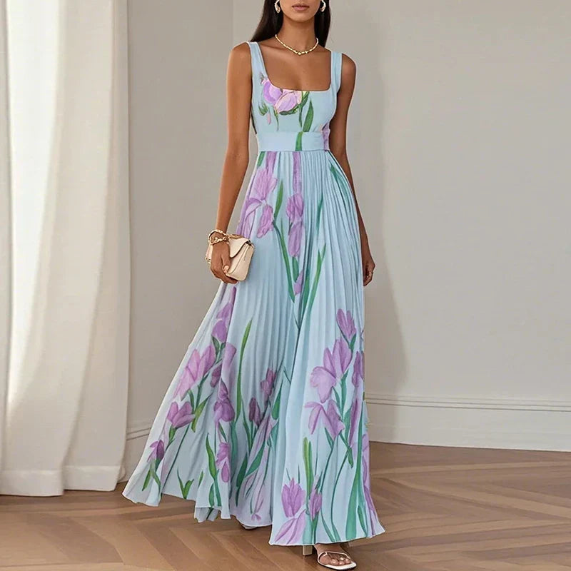 A-Line Floral Dress in Maxi Length with V-Neckline in Blue & Purple