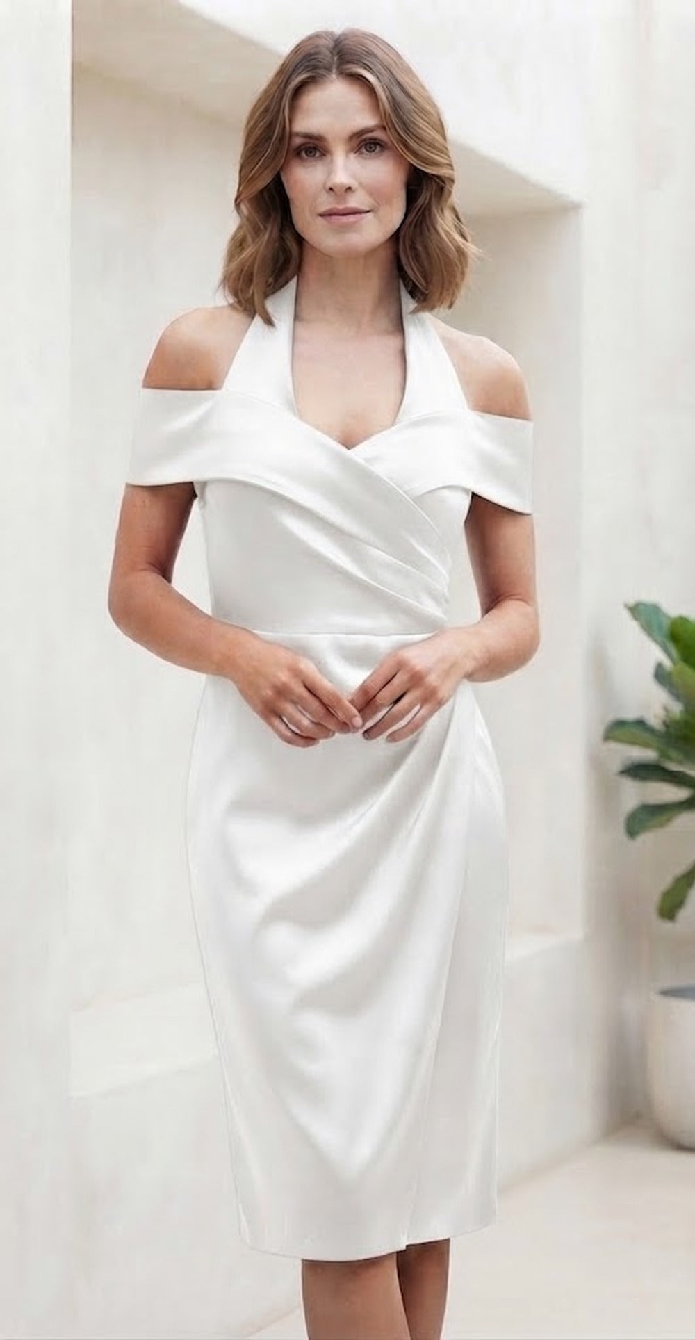 Halter Neck Midi Dress with Ruched Wrap Bodice in White