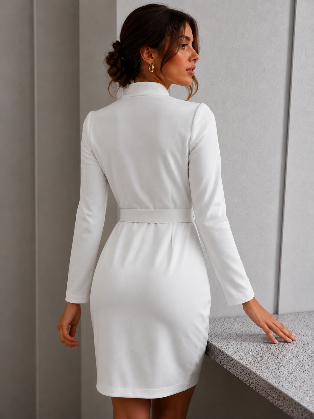 White Belted V-Neck Midi Dress with Pleated A-Line Skirt 3