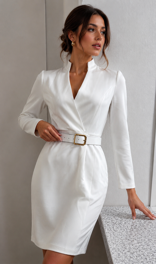 White Belted V-Neck Midi Dress with Pleated A-Line Skirt 1