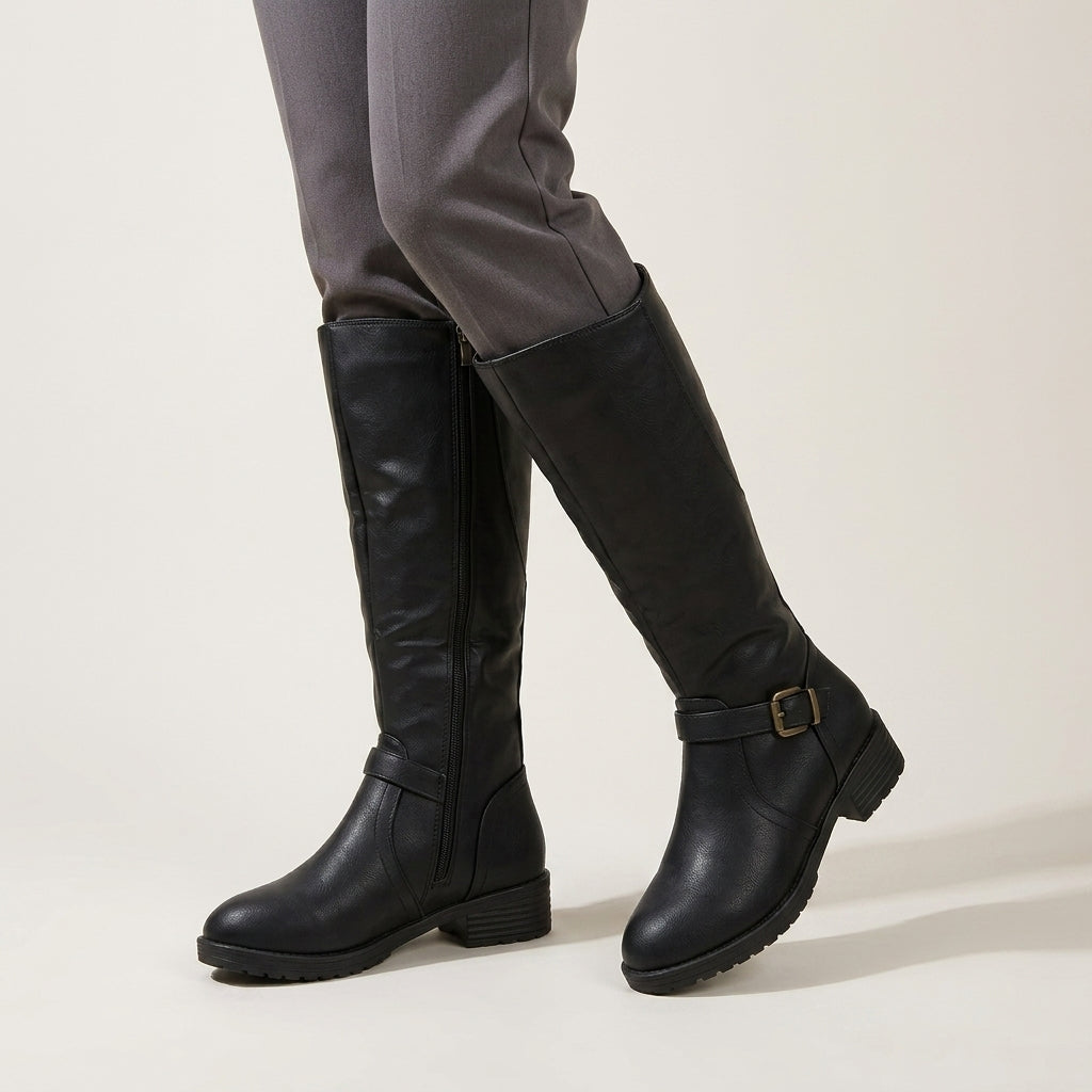 Black Knee High Boots with Low Block Heel & Side Zip 2