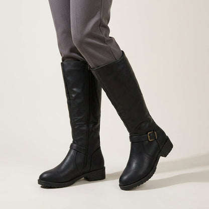 Black Knee High Boots with Low Block Heel & Side Zip 2