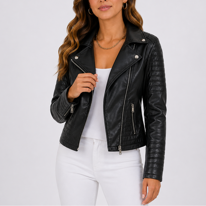 Black Leather Biker Jacket with Asymmetric Zip Closure 1