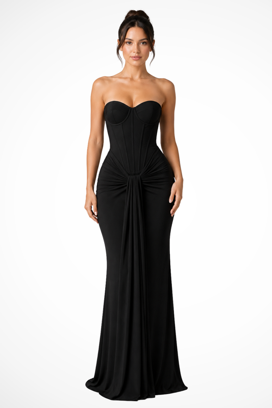 Black Strapless Lace Corset Maxi Dress — Formal Gown 2