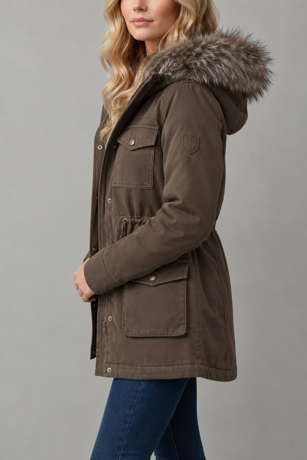 Brown Hooded Parka with Fur Trim Sherpa Hood 2