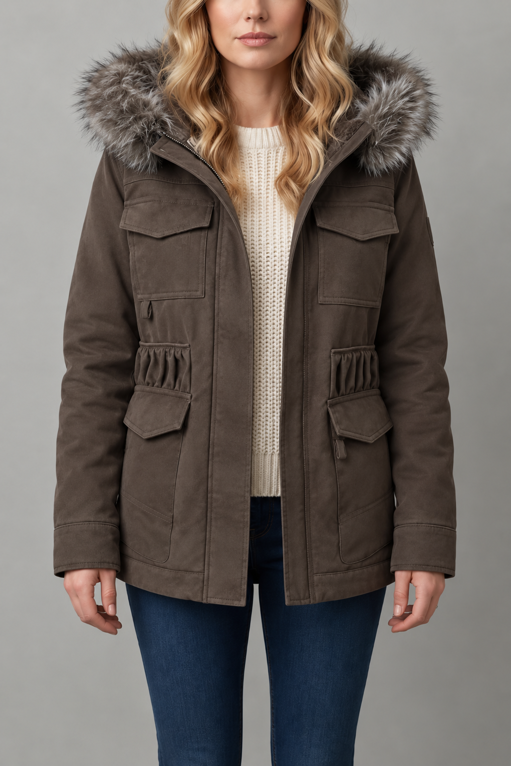 Brown Hooded Parka with Fur Trim Sherpa Hood 1