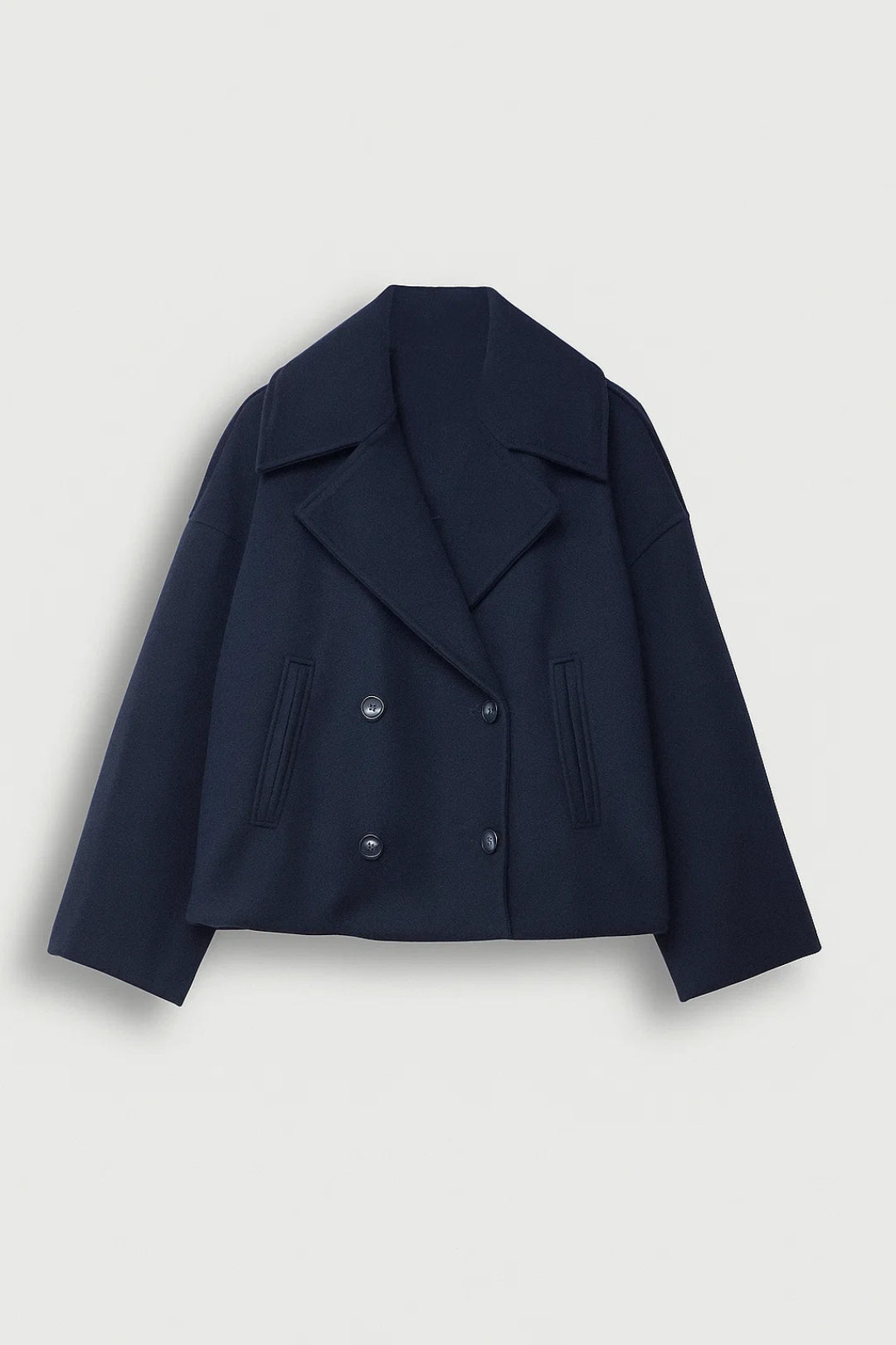 Cropped Double Breasted Pea Coat with Wide Lapels 1