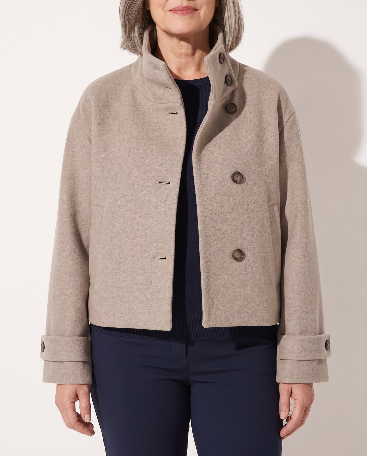 Cropped Faux Fur Collar Puffer Jacket in Beige 1