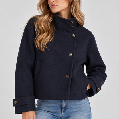 Ladies Puffer Jacket Cropped with Faux Fur Collar in Navy