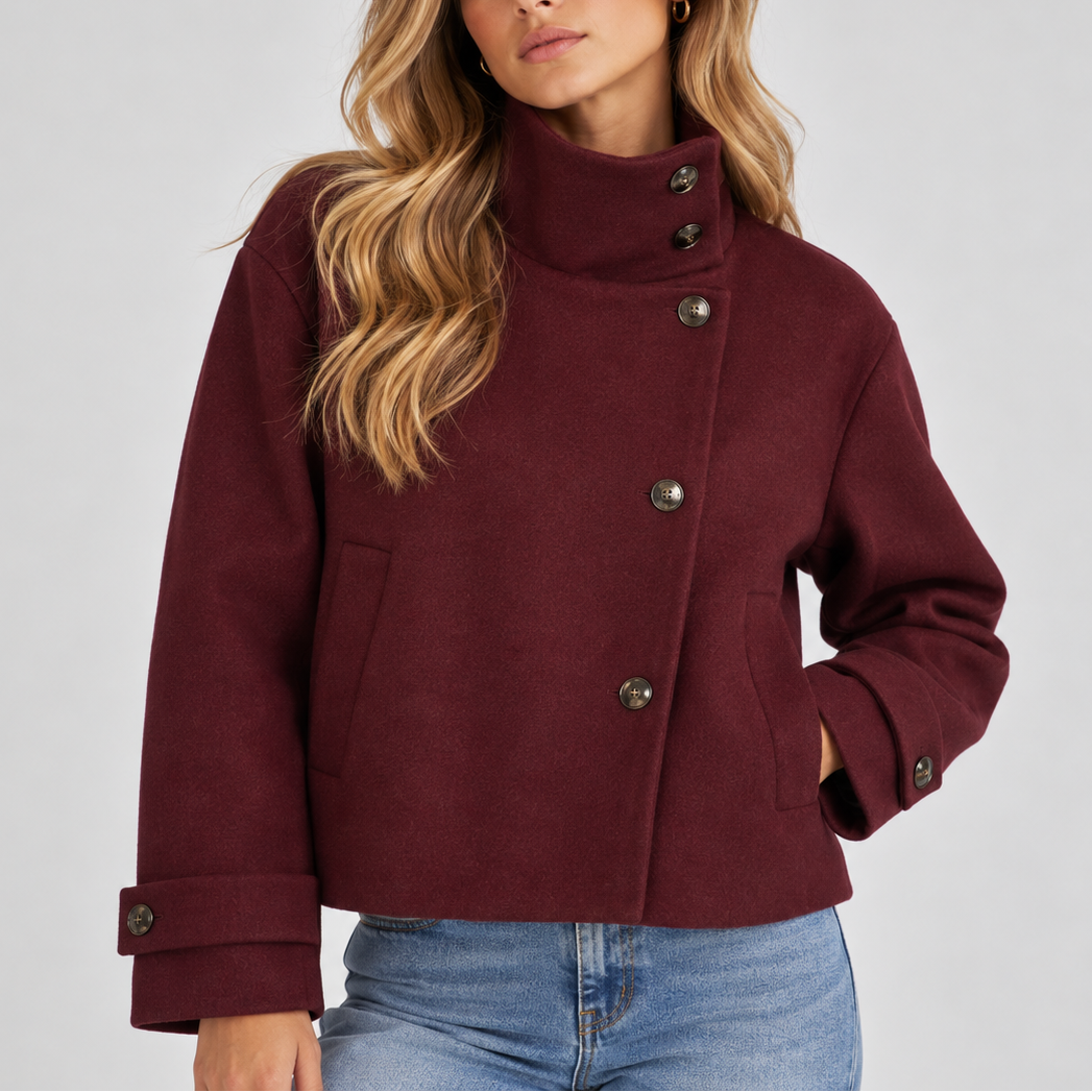 Ladies Puffer Jacket Cropped with Faux Fur Collar in Red