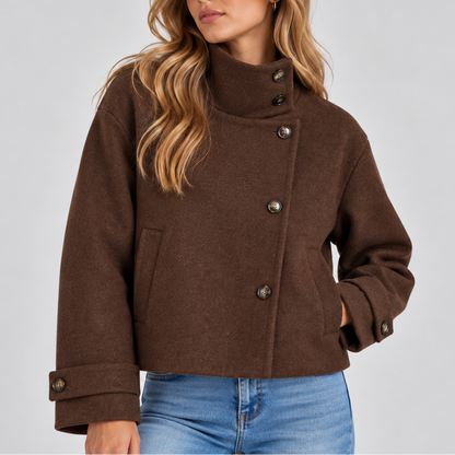 Ladies Puffer Jacket Cropped with Faux Fur Collar in Brown