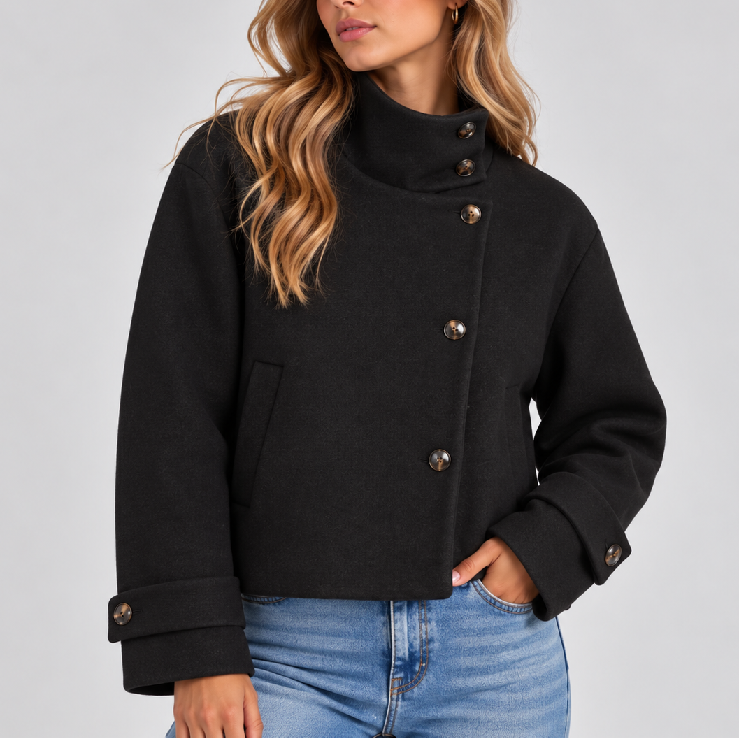 Ladies Puffer Jacket Cropped with Faux Fur Collar in Black