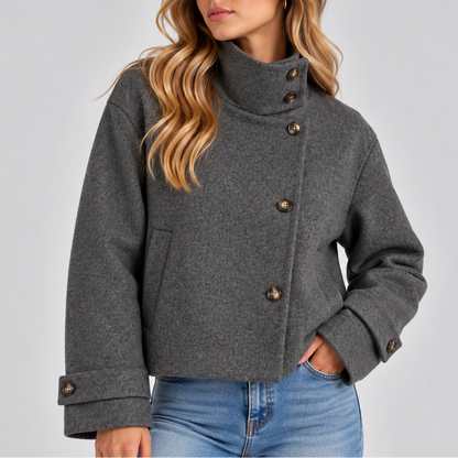 Ladies Puffer Jacket Cropped with Faux Fur Collar in Grey