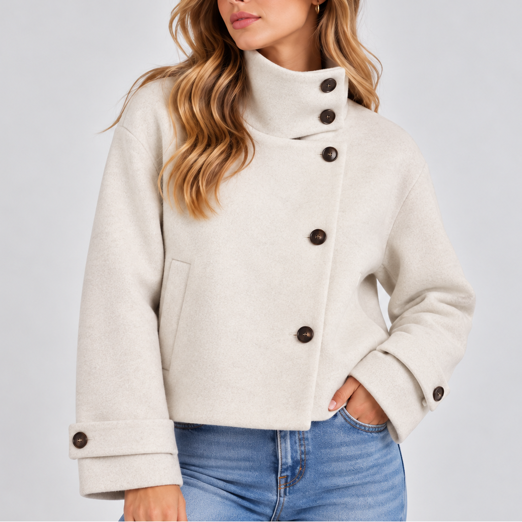 Ladies Puffer Jacket Cropped with Faux Fur Collar in White