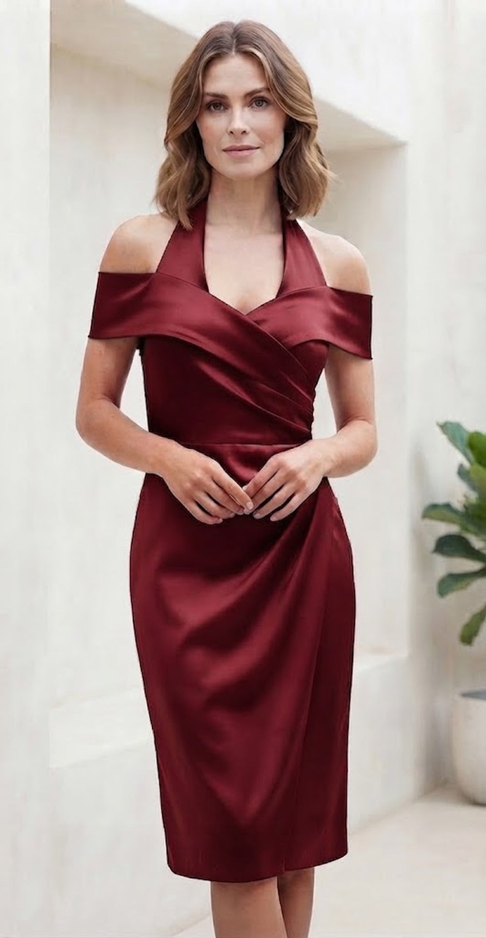 Halter Neck Midi Dress with Ruched Wrap Bodice in Burgundy